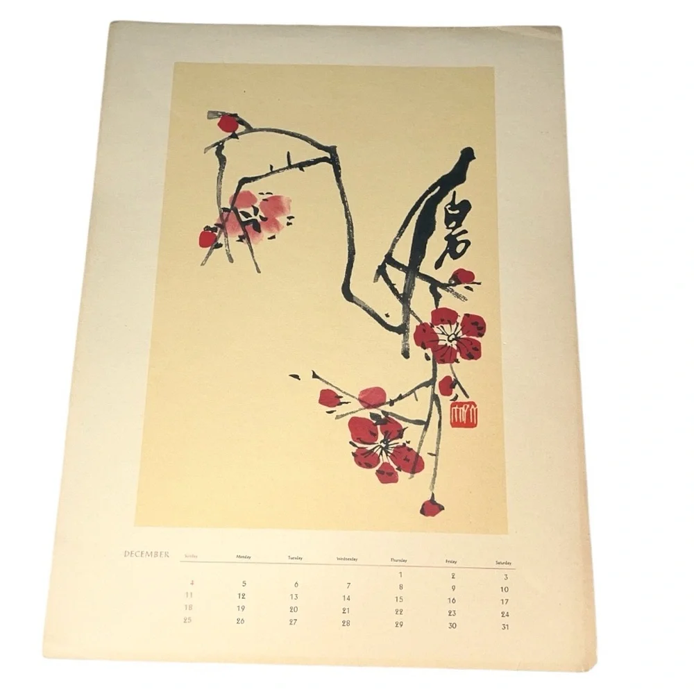 66 Chi Pai Shih Vintage Chinese Color Woodcut December 1959 Calendar Print